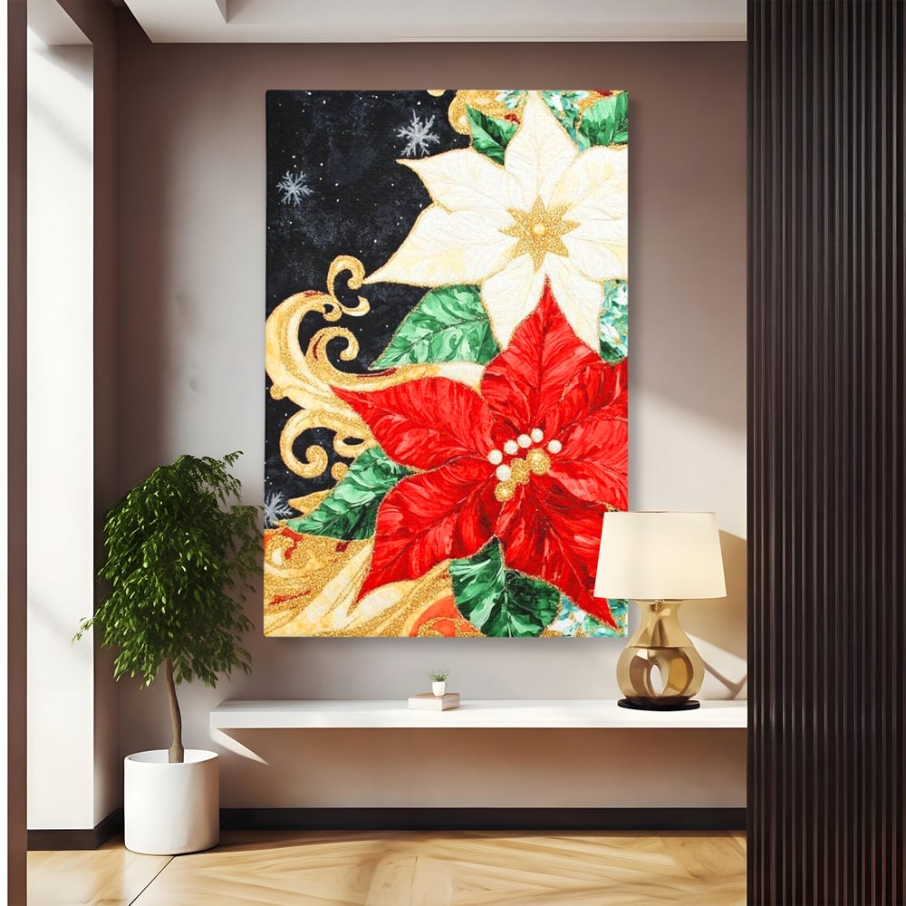 Tablou canvas cu tablou canvas cu craciunite rosii si albe, fara rama, pe sasiu de lemn